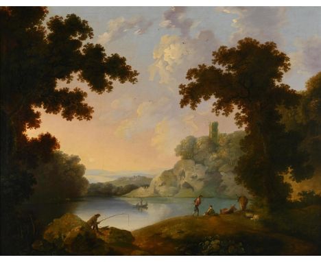 CIRCLE OF GEORGE BARRET (IRISH CIRCA 1728-1784) FISHING SCENE AT SUNSET Oil on canvas 86 x 107.5cm (33¾ x 42¼ in.)  Provenanc