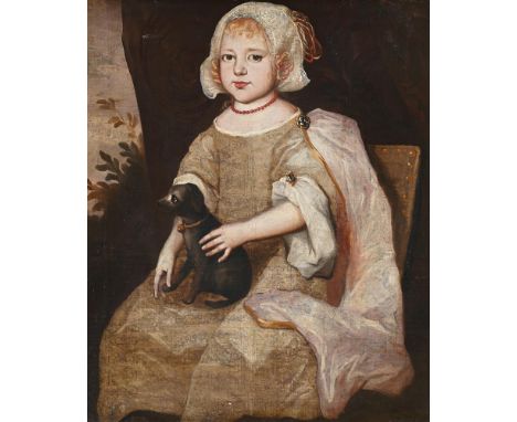 ENGLISH SCHOOL (17TH CENTURY) PORTRAIT OF A GIRL SEATED, HOLDING A DOG Oil on canvas 76 x 62cm (29¾ x 24¼ in.)   Condition Re