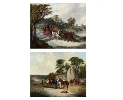 JOHN FREDERICK HERRING SENIOR (BRITISH 1795-1865) THE NEWCASTLE TO YORK COACH; AND CHANGING HORSES   Oil on canvas, a pair Bo
