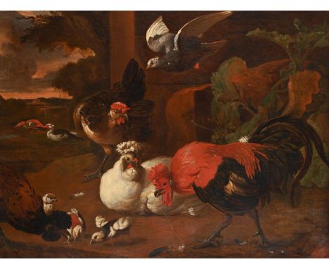 FOLLOWER OF MELCHIOR D'HONDECOETER FOWL BIRDS IN A LANDSCAPE Oil on canvas 92 x 121cm (36 x 47½ in.)   Condition Report:  The