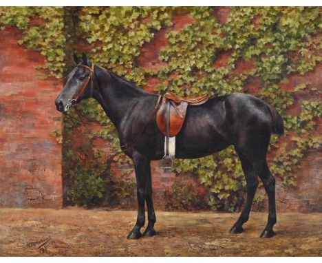 λ&nbspFRANCES MABLE HOLLAMS (BRITISH 1877-1963) PORTRAIT OF A BLACK HORSE INFRONT OF AN IVY COVERED WALL Oil on canvas Signed