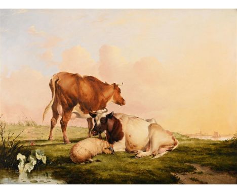THOMAS SIDNEY COOPER (BRITISH 1803 - 1902) LIVESTOCK IN A LANDSCAPE  Oil on canvas Signed and dated '1857' (lower right) 44.5