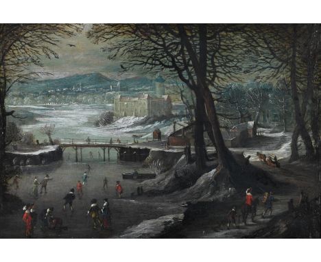 CIRCLE OF DENIS VAN ASLOOT (FLEMISH 1570-1628) A FROZEN RIVER Oil on copper 23 x 15.5cm (9 x 6 in.)  Provenance:  Brian L. Ko