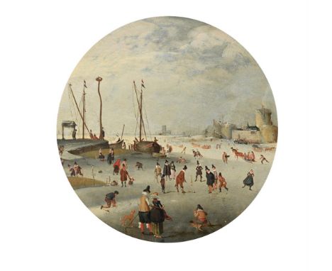 FOLLOWER OF HENDRICK AVERCAMP  WINTER SCENE Oil on panel, oval 29 x 29cm (11¼ x 11¼ in.)  After the painting in the Hamburger