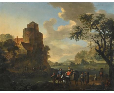 FRANZ DE PAULA FERG (AUSTRIAN 1689-1740) TRAVELLERS ON A COUNTRY PATH, A RIVER LANDSCAPE BEYOND Oil on copper Signed (lower r