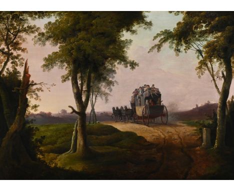 FOLLOWER OF PHILIP JAMES DE LOUTHERBOURG LANDSCAPE WITH A STAGE COACH, SCENE ON THE DOVER ROAD Oil on canvas Bears signature 
