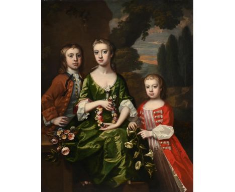 CIRCLE OF CHARLES D'AGAR (FRENCH 1669 - 1723) PORTRAIT OF THREE GRAVES CHILDREN, HOLDING FLOWERS IN A LANDSCAPE Oil on canvas