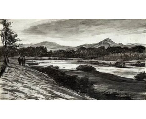SIR MUIRHEAD BONE, riverside walker, ink and wash, signed, 13 x 22 cm.