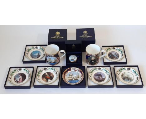 10 pieces from the Royal Worcester Nelson Collection comprising 2 mugs, 1 china box and 7 coaster dishes depicting historical