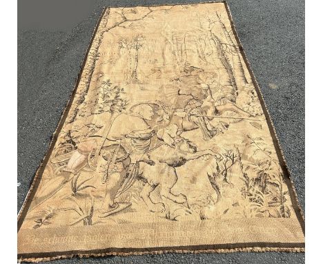 A faded narrow German tapestry wall hanging with a hunting scene of a man on horseback accompanied by a dog and handler, 300c