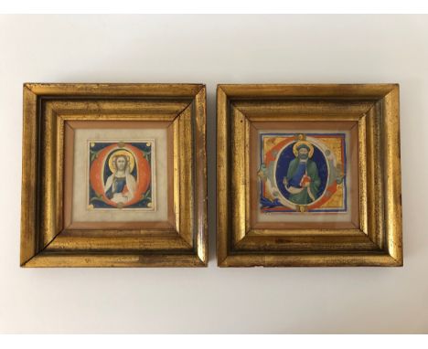 Two framed religious paintings from an illuminated manuscript/missal, one depicting Christ, the other St. Peter, richly decor