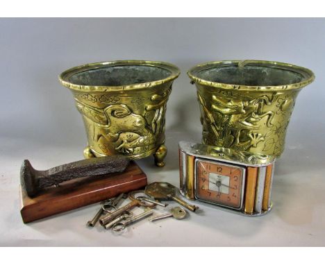 A pair of Chinese brass jardiniere with engraved dragons, 16.5 cm diameter, a mounted railway sleeper nail and an Art Deco Sa