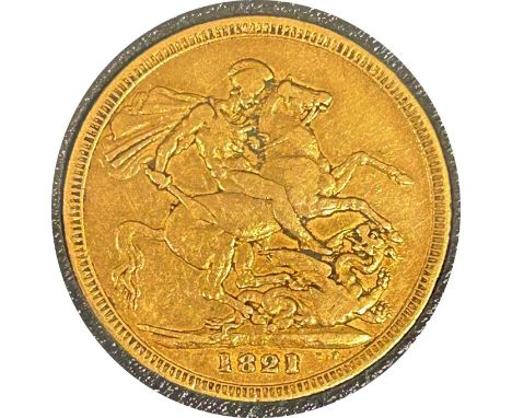 George IV gold sovereign dated 1821, circulated, Laureate Portrait of King George III by Benedetto Pistrucci, contained in a 