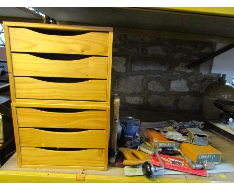 A quantity of good quality mainly carpentry related hand tools  mainly housed within two small three drawer chests, Stanley 4