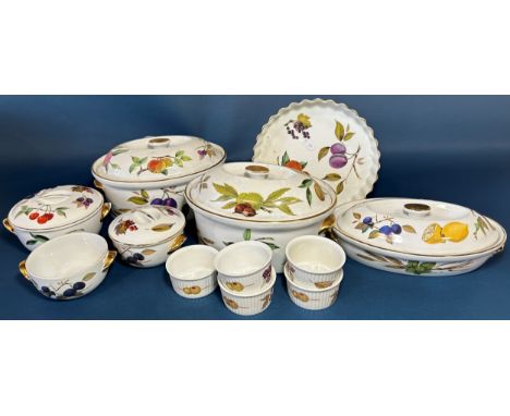 A collection of Royal Worcester Evesham pattern tableware comprising three oval tureens, further circular tureen, ramekins, e