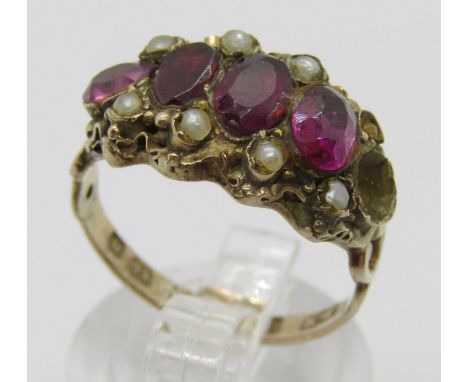 George III 9ct garnet and seed pearl ring, Birmingham 1798, size P, 3g (af) 