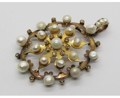 A large Victorian / Edwardian diamond and pearl-set open work yellow metal pendant, 4.4cm (maximum) 9.9g 