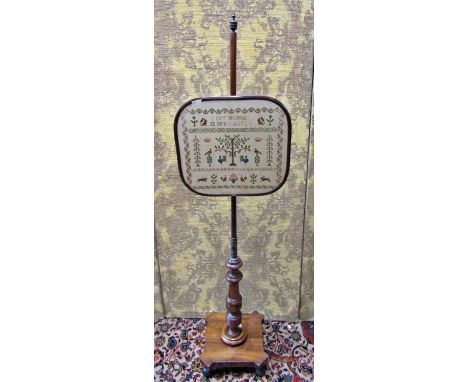 A regency rosewood pole screen with hand worked tapestry panel, 'My Home Is My Castle' 