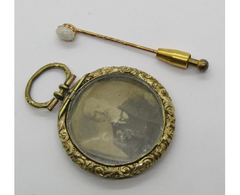 Yellow metal claw set cabochon opal stick pin, together with an antique gilt metal picture fob (2) 