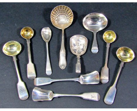 Ten various 19th and 20th century salt, tea and caddy spoons, and a French silver metal mussel shell, 3.6oz approx 