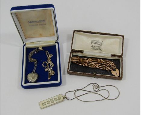 Antique 9ct gate link bracelet with engraved links and heart padlock clasp, 14.7g, together with a 1970s silver ingot pendant