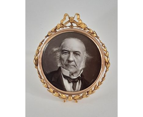 A framed photographic portrait miniature depicting William Ewart Gladstone (1809 – 1898) English Prime Minister 1892-94, moun
