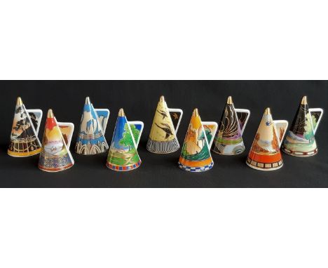 Nine Royal Worcester candle snuffers from the Art Deco range, all of decorative conical form including Blue Glade, Blue Lagoo