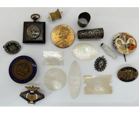 Victorian fob watch with gilded numerals in a tin case, Gloucestershire Special Constabulary lapel badge mother of pearl coun