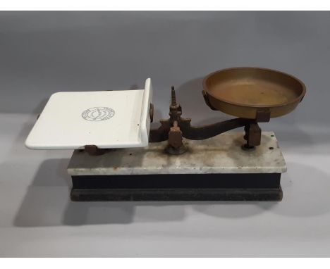 A Victorian shop balance scale with timber and marble base, ceramic pan, etc, Yandell &amp; Son Stapleton Road Bristol 