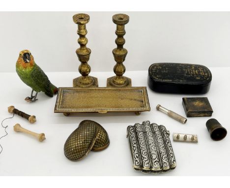 Miniature brass telephones, oil lamp, plated vesta case, stamp box, lacquered snuff box, etc 