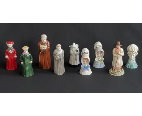 Nine Royal boxed Worcester Candle Snuffer character figures including Old Lady, Motorist- Male, Motorist - Female, Moonraker,