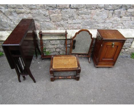 A Edwardian mahogany Sutherland type drop leaf tea table, a Queen Anne style toilet mirror, a late Victorian walnut coal box,