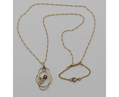 Edwardian 9ct garnet and seed pearl pendant necklace, 2.8g 