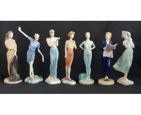 Seven Royal Worcester figurines comprising City Girl, Knightsbridge Girl, Richmond Girl, West End Girl, Country Girl, Mayfair