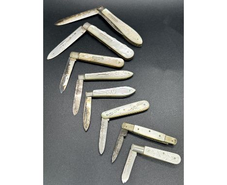 A collection of eight mother of pearl and silver folding fruit knives by various makers 