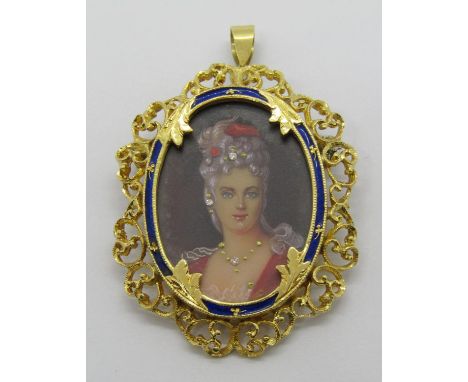 Decorative vintage 18ct enamelled pendant with portrait of a lady, with later brooch pin, 10.4g 