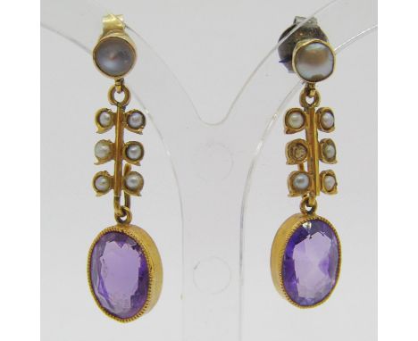 Pair of antique yellow metal oval amethyst and seed pearl drop earrings, 2.4g (one pearl vacant) 