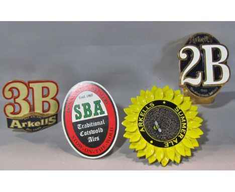 A beer engine, three Arkells Beer Pump Labels, Summer Ale, 2B ale and a 3B ale together with a fourth Donnington Brewery SBA 