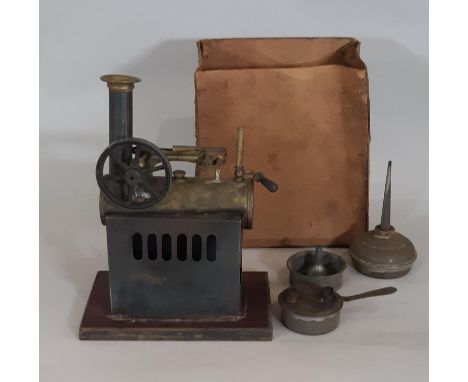 Vertical  model steam engine with single cylinder and spoked fly wheel. Height 17cm 
