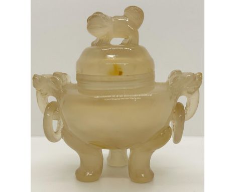 A small Chinese pale jade twin-handled tripod censor and cover, 6cm high 