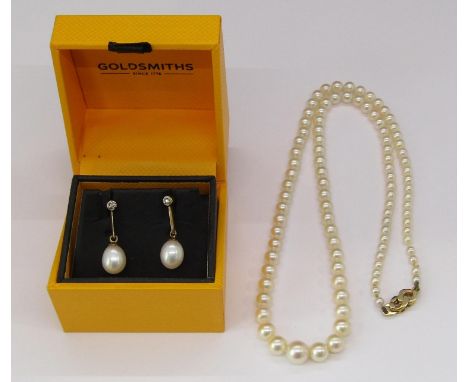Pair of 9ct diamond and pearl drop earrings, 2g, together with a graduated pearl necklace with 9ct clasp 