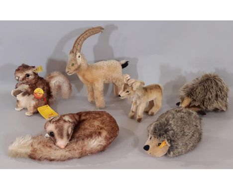 A collection of 6 vintage Steiff toy animals including Dormouse with brown tipped mohair circa 1960 (one eye and pin missing)
