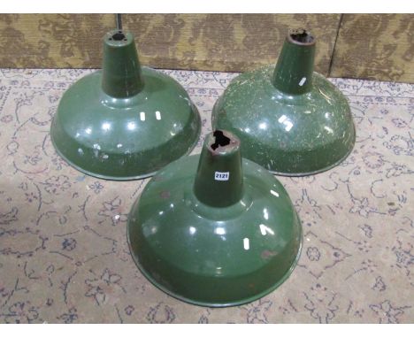Three vintage green and cream enamel pendant light shades 46 cm diameter x 32 cm (full height) (af) 