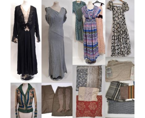 Large collection of mid 20th century clothing and fabric remnants contained in a lead lined wooden trunk and a woven basketry