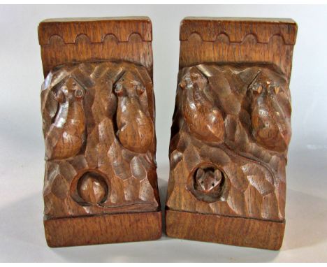 From the workshop of Robert `Mouseman’ Thompson a pair of oak Triple Mice bookends, ( Damage to ears), 16.5cm high x 9cm wide