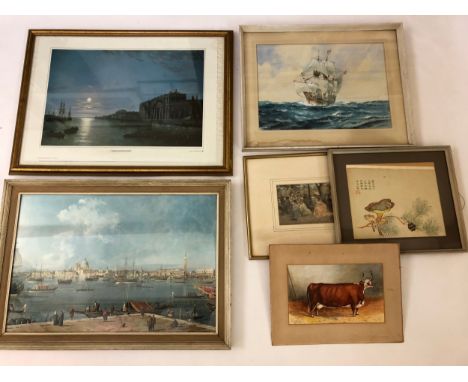 (Maritime Interest) three framed works and others, to include: F. E. Turner - Ship at sea in full sail, watercolour, bodycolo