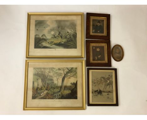 Six framed 19th-20th century prints and a miniature portrait, to include: Pair of tinted stipple engravings of Nicholas and D
