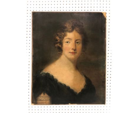 19th Century School - Quarter portrait of a woman in a dark blue dress, oil on canvas, unsigned, 44 x 55 cm, unframed and rel