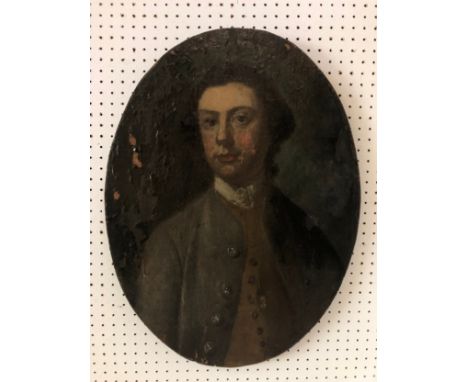 18th Century School - Portrait of a gentleman wearing a jacket and waistcoat, oil on canvas mounted on oval panel, unsigned, 