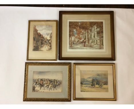 Four framed 19-20th century prints and paintings, to include: V. S. Barnes - Hills and Trees, watercolour on paper, signed an